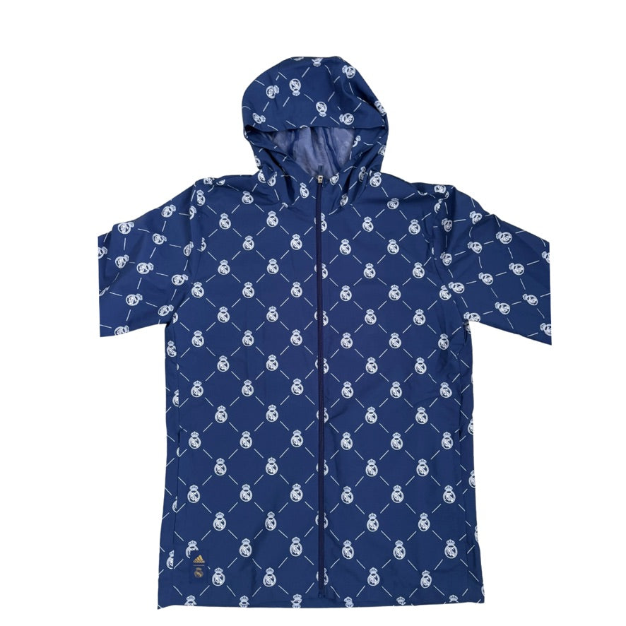 Blue raincoat with white pattern on a white background