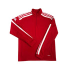 Red long-sleeve athletic shirt with white stripes on a white background