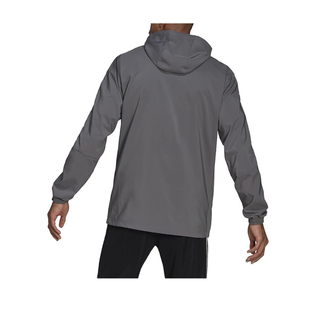 Person wearing a grey jacket with a hood on a white background