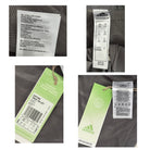 Collage of Adidas labels on a bag with text and logos.