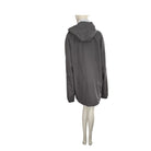 Grey hooded jacket on a mannequin against a white background