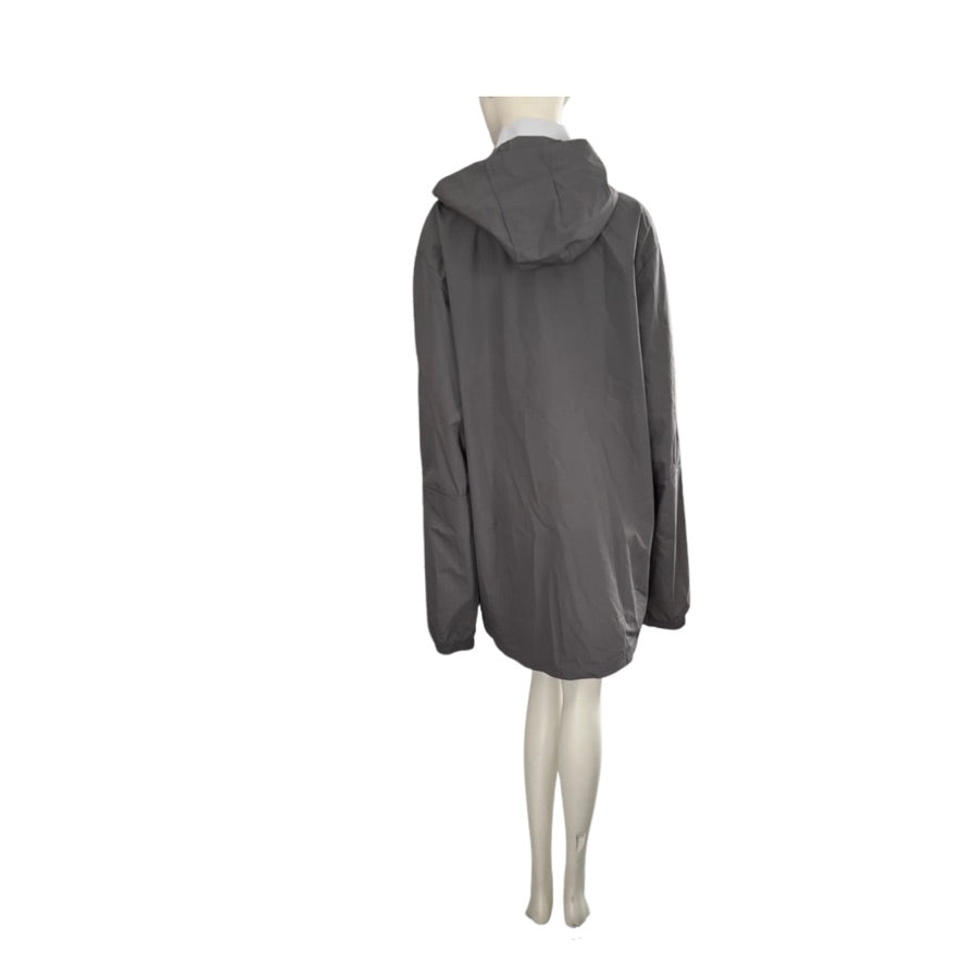 Grey hooded jacket on a mannequin against a white background