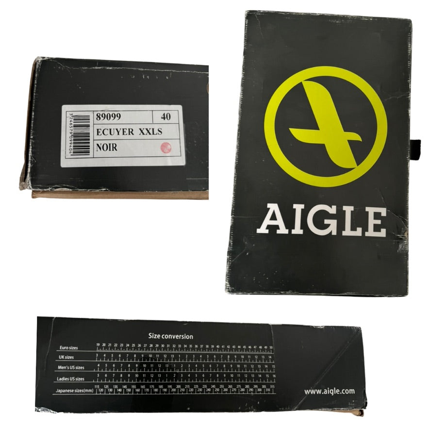 Aigle shoe packaging with logo and size chart on a white background