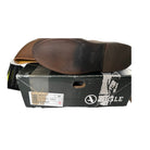 Brown leather shoe on a black and white box with visible branding