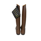 Brown rubber boots with a brand card on a white background