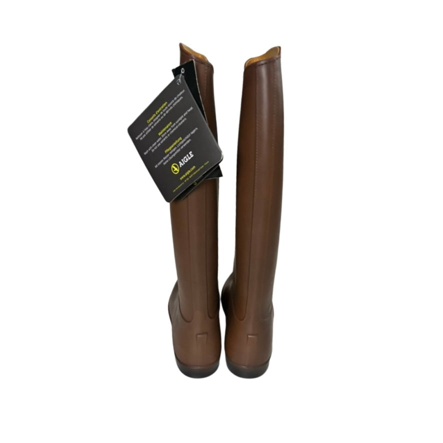 Brown rubber boots with a brand card on a white background