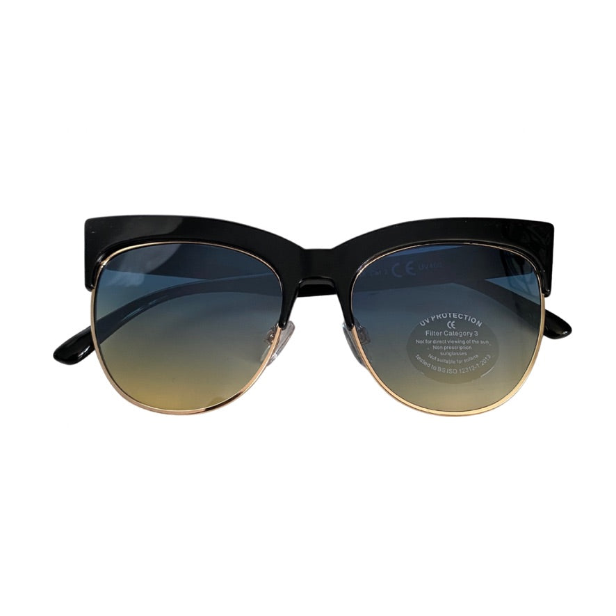 Black cat-eye sunglasses with gradient lenses on a white background