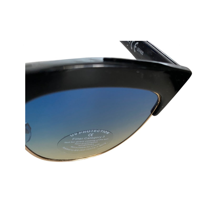 Close-up of a sunglasses lens with 'UV Protection' label on a white background