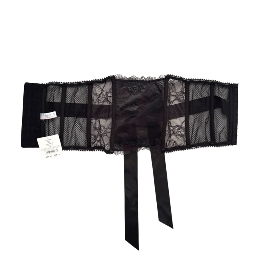 Black lace waspie belt on a white background