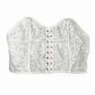 A white strapless lace crop corset bustier with floral lace design and a cropped fit.