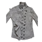 Black and white striped shirt with button details on a white background