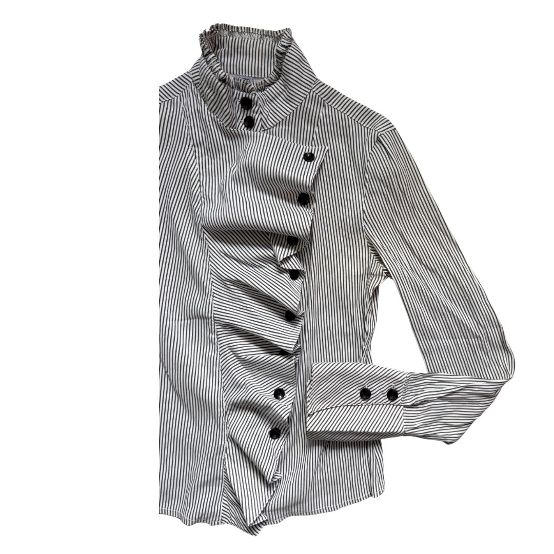 Black and white striped shirt with button details on a white background