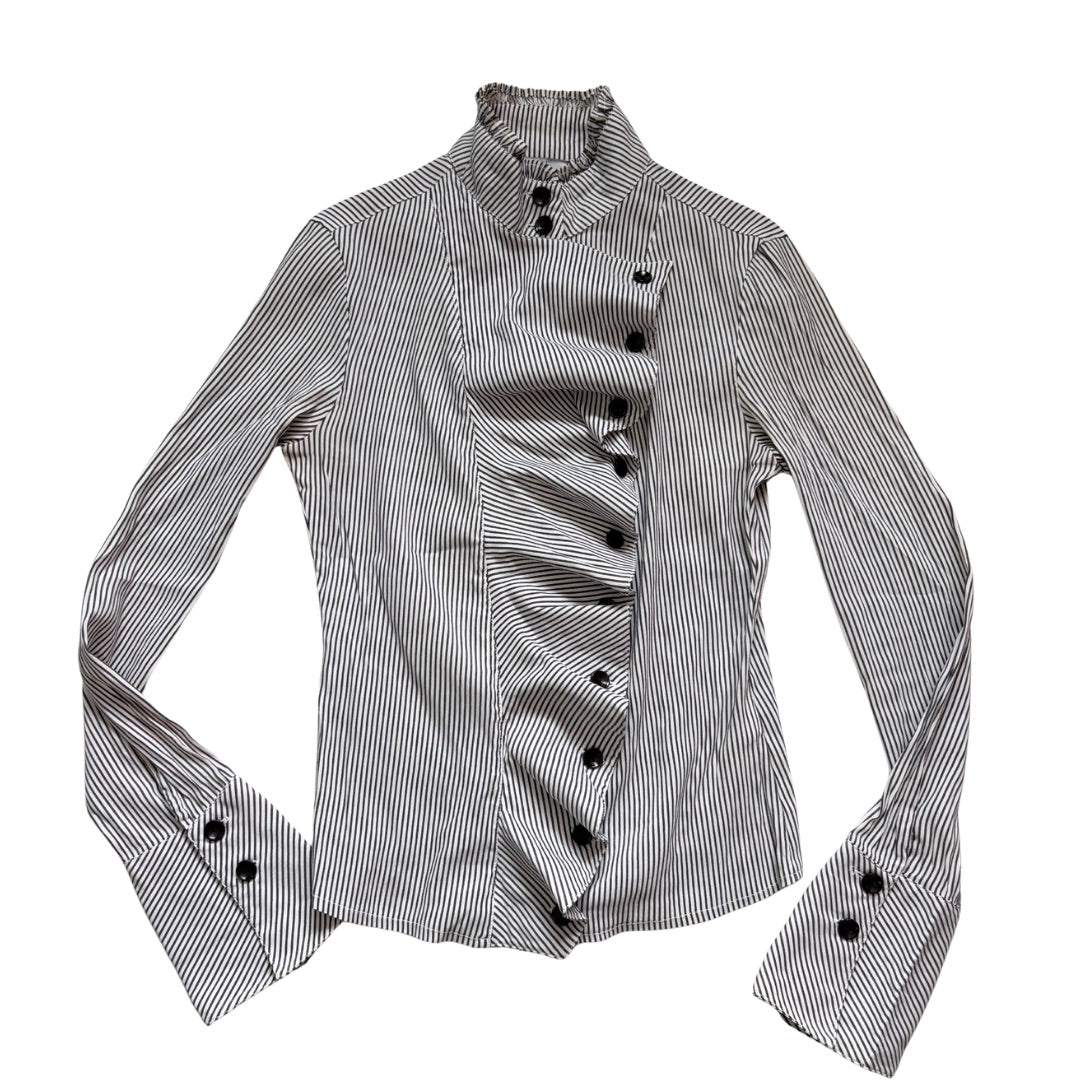 Vintage Tarsiani black and white striped ruffle shirt with asymmetric button-down front.