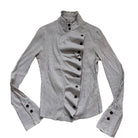 Vintage Tarsiani black and white striped ruffle shirt with asymmetric button-down front.