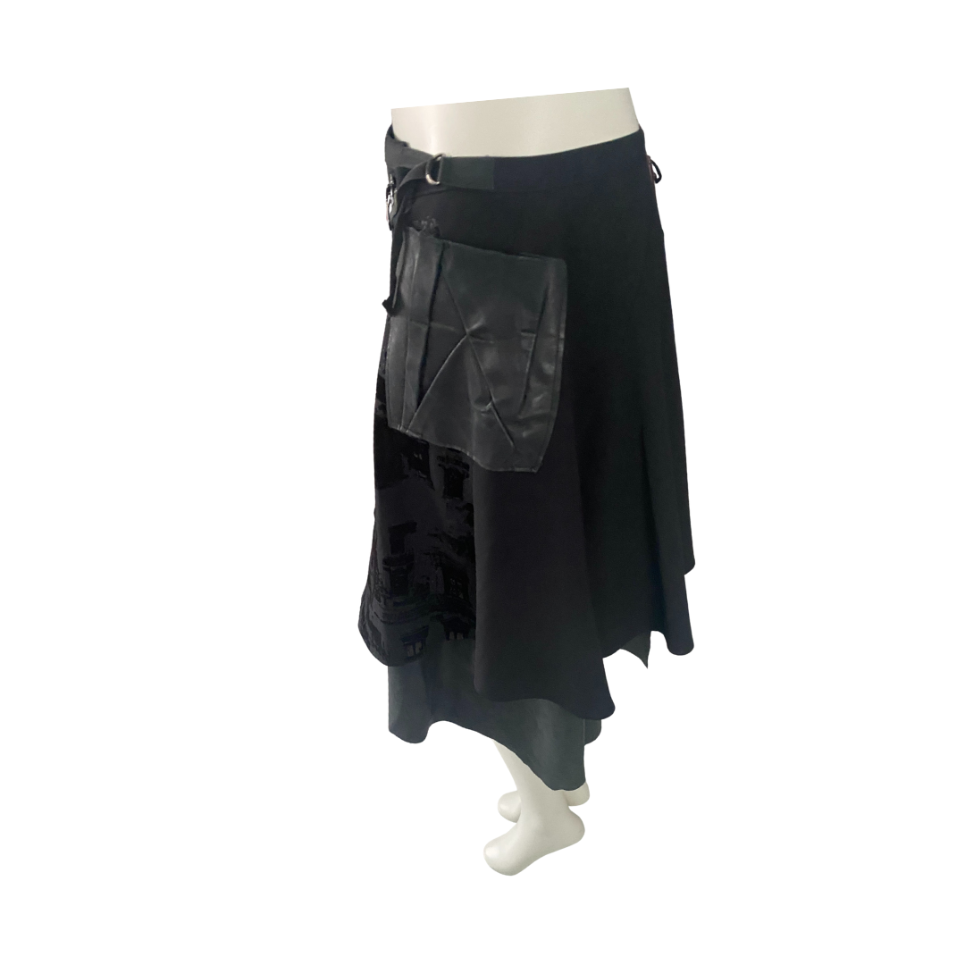 Black kilt with leather pouches on a white background