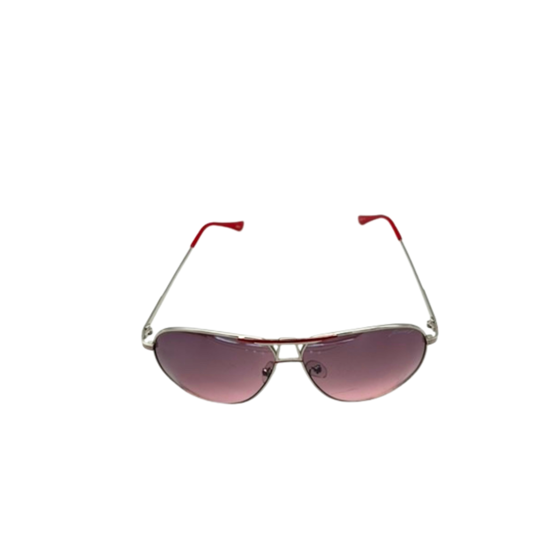 Sunglasses with red frame and purple lenses on a white background