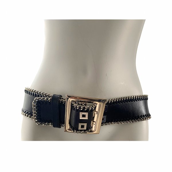 Chain Trim Leather Stretch Belt Black