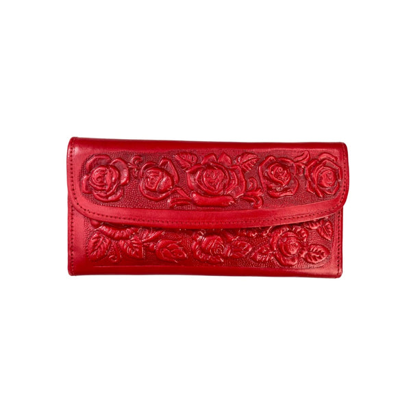 Embossed Floral Leather Trifold Wallet Purse Red