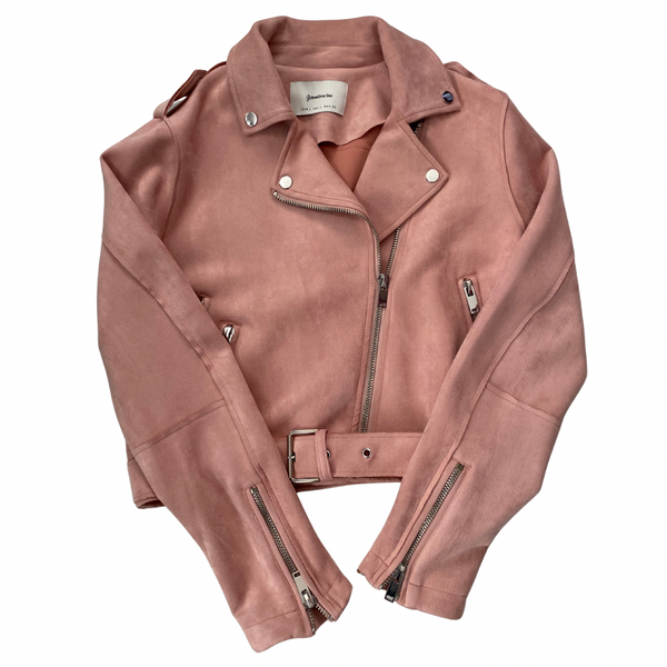 Stradivarius Rose Pink Faux Suede Biker Jacket Size L – Preloved