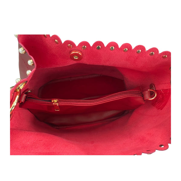 Pearl Stud Bucket Bag Large Red