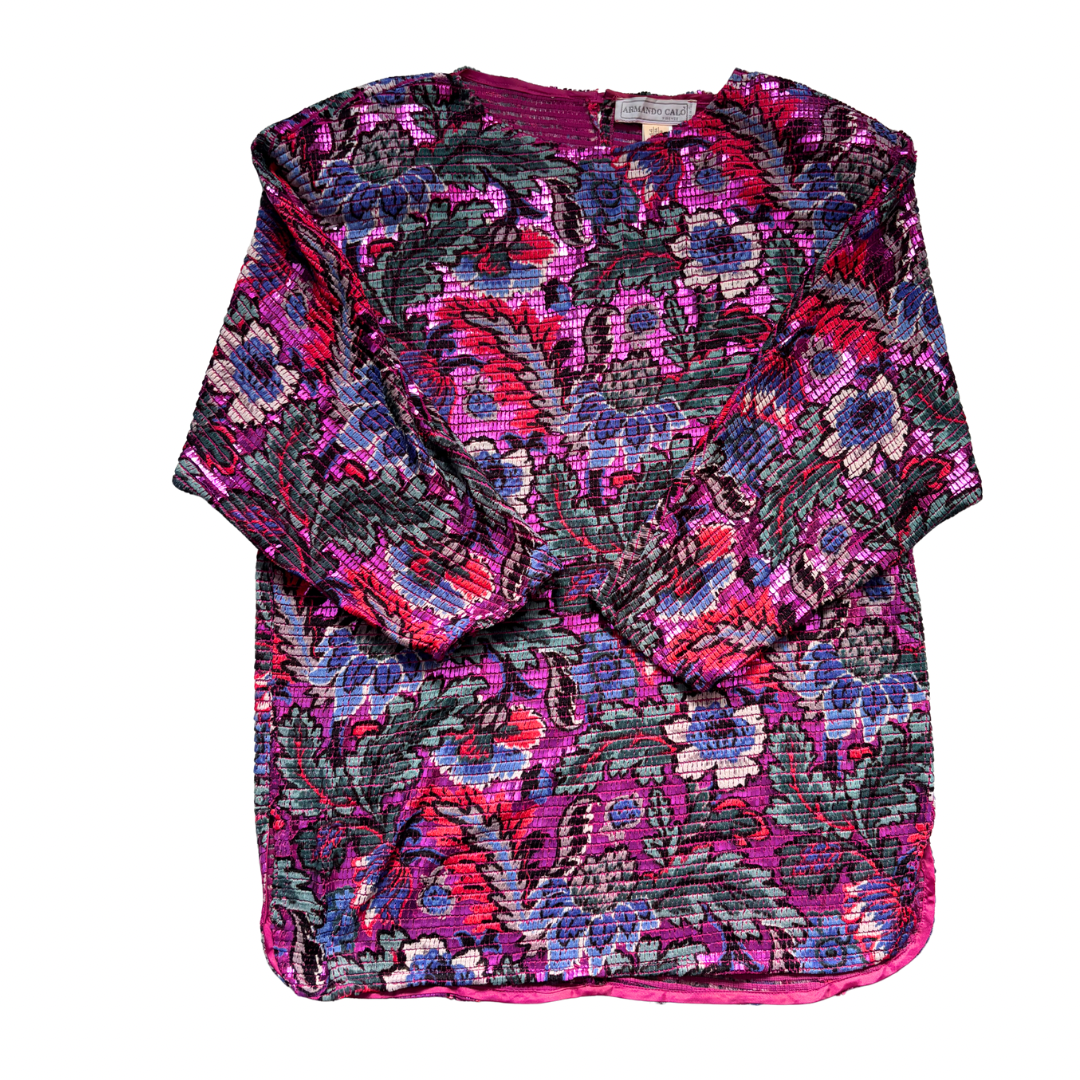 Vintage Armando Calò floral sequin top in multicolour, long sleeves, Size M.
