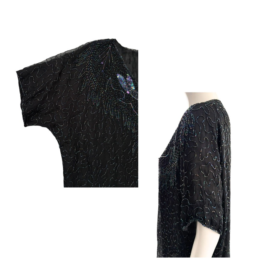 Black beaded top on a mannequin with close-up details on a white background