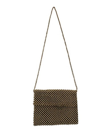 Black beaded handbag with a chain strap on a white background