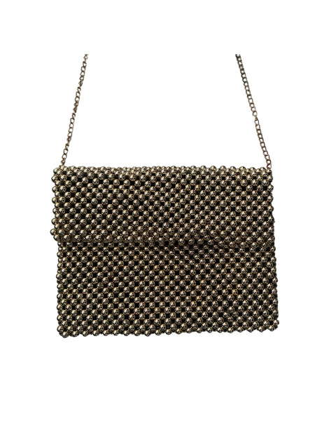 Beaded handbag with chain strap on a white background