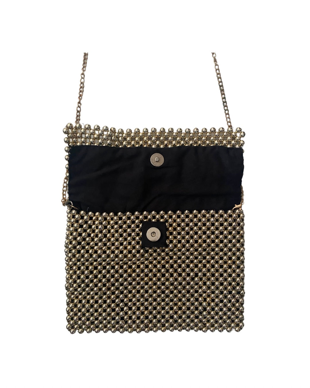 Black handbag with gold beaded detailing on a white background