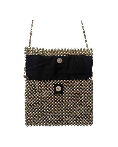 Black handbag with gold beaded detailing on a white background
