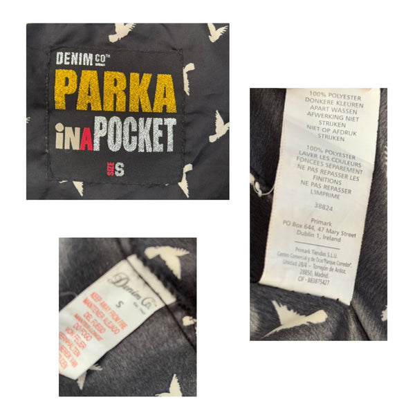 Bird Print Windbreaker Raincoat Black Size S - Preloved