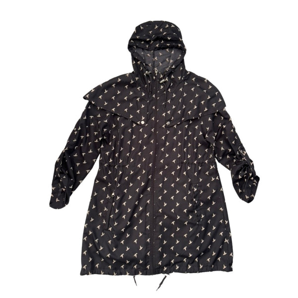 Bird Print Windbreaker Raincoat Black Size S - Preloved