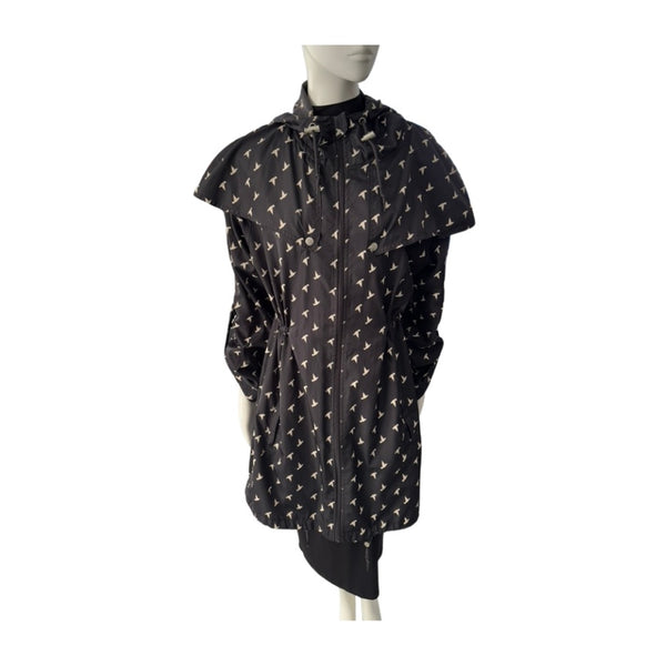 Bird Print Windbreaker Raincoat Black Size S - Preloved