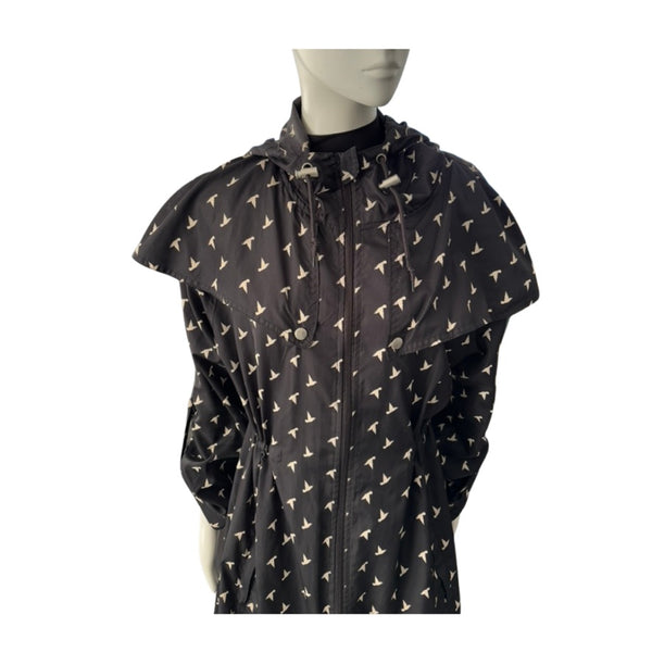 Bird Print Windbreaker Raincoat Black Size S - Preloved