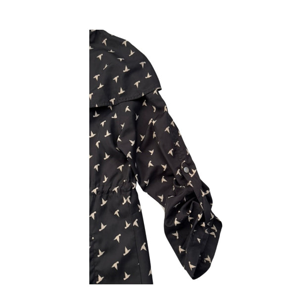Bird Print Windbreaker Raincoat Black Size S - Preloved