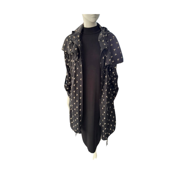 Bird Print Windbreaker Raincoat Black Size S - Preloved