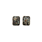 Pair of rectangular stud earrings with a multicolored stone inlay on a white background