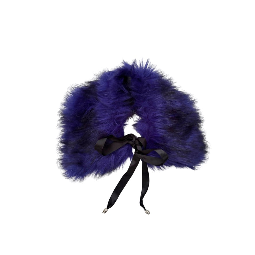 Blue fluffy headband with a black ribbon on a white background