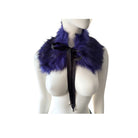 Blue fur scarf with a black ribbon on a mannequin against a white background