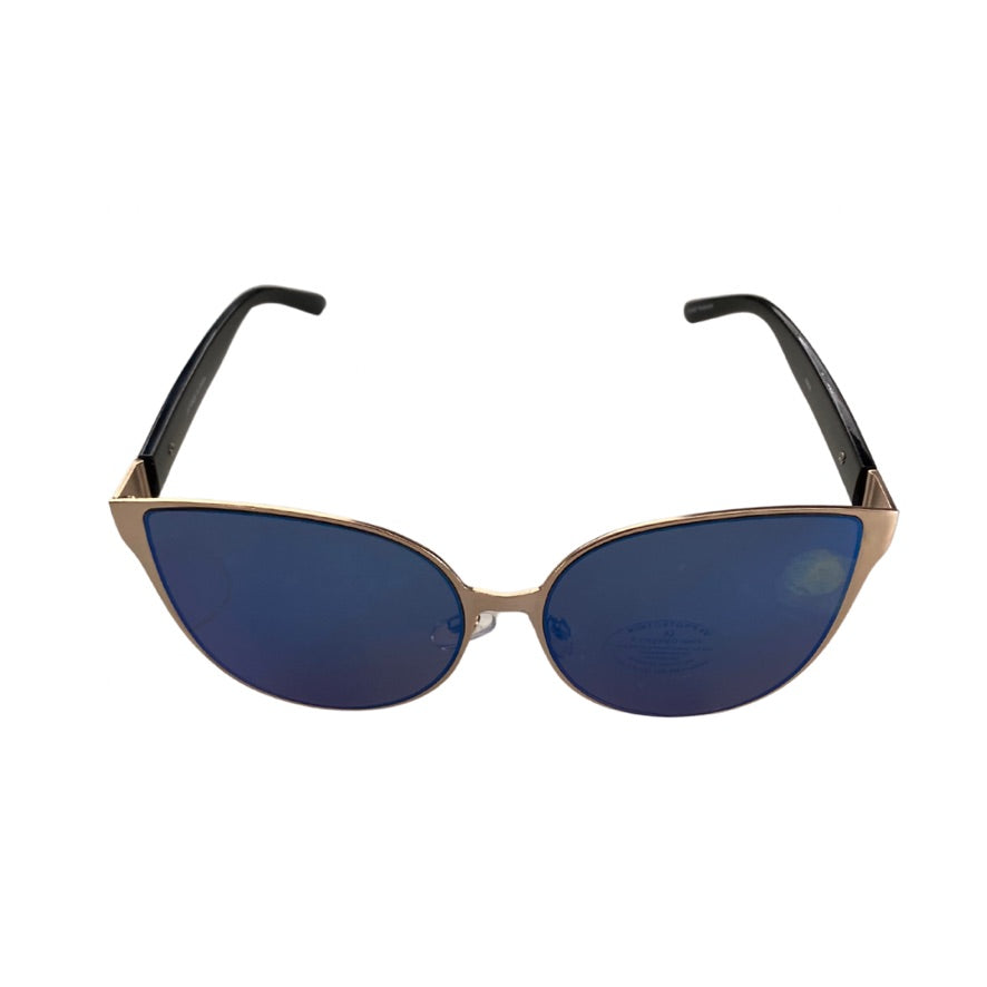 Sunglasses with blue lenses and gold frame on a white background