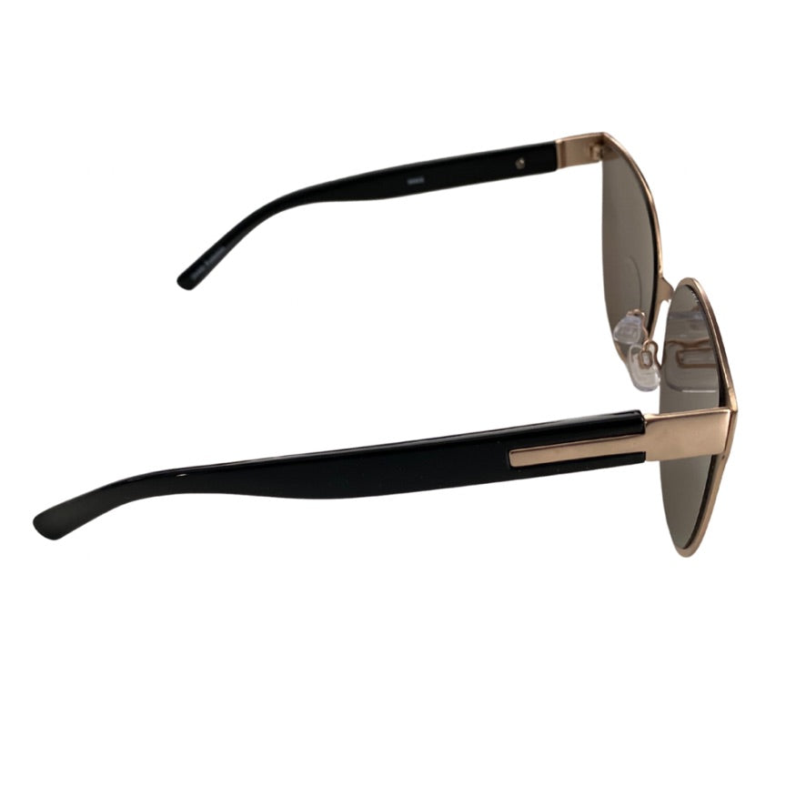 Sunglasses with black and gold frame on a white background