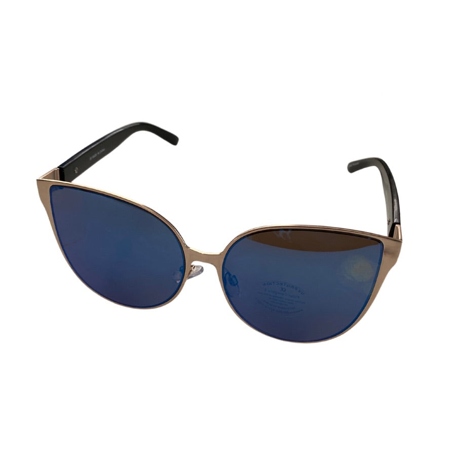 Sunglasses with gold frame and blue lenses on a white background