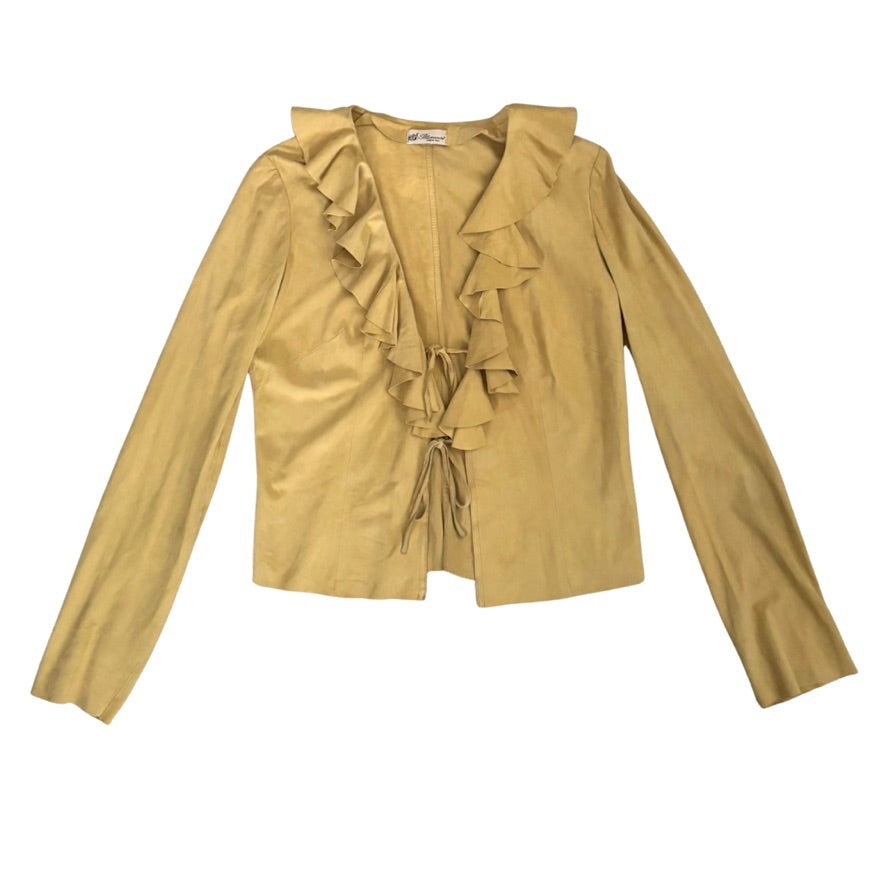 Yellow ruffled blouse on a white background