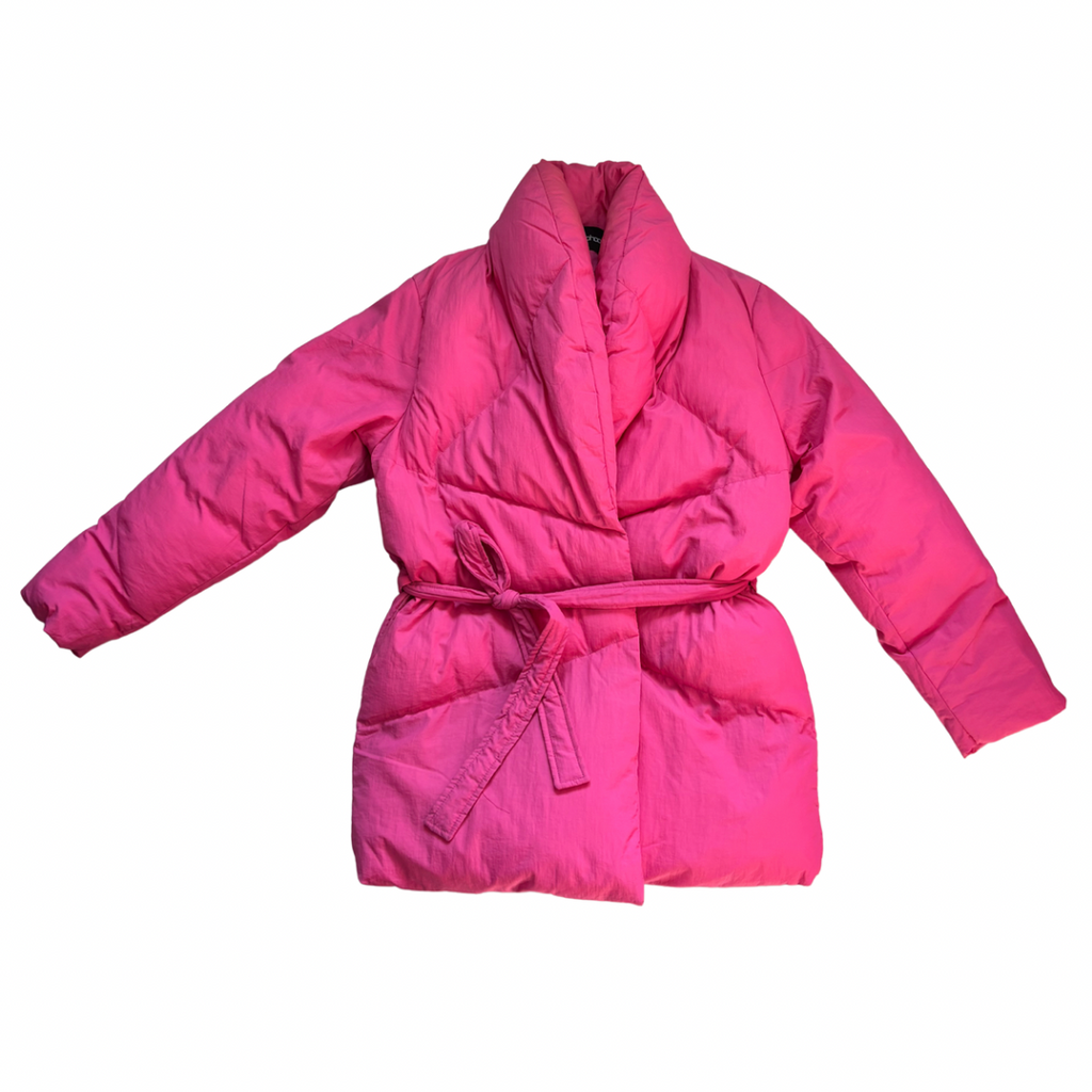 Pink puffer coat on a white background