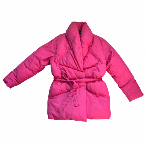 Pink puffer coat on a white background