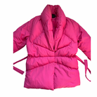 Pink puffer jacket with a belt on a white background