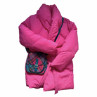 Pink puffer jacket with a plaid handbag on a white background