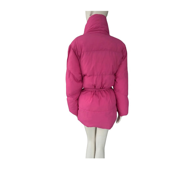 Pink puffer jacket on a mannequin against a white background