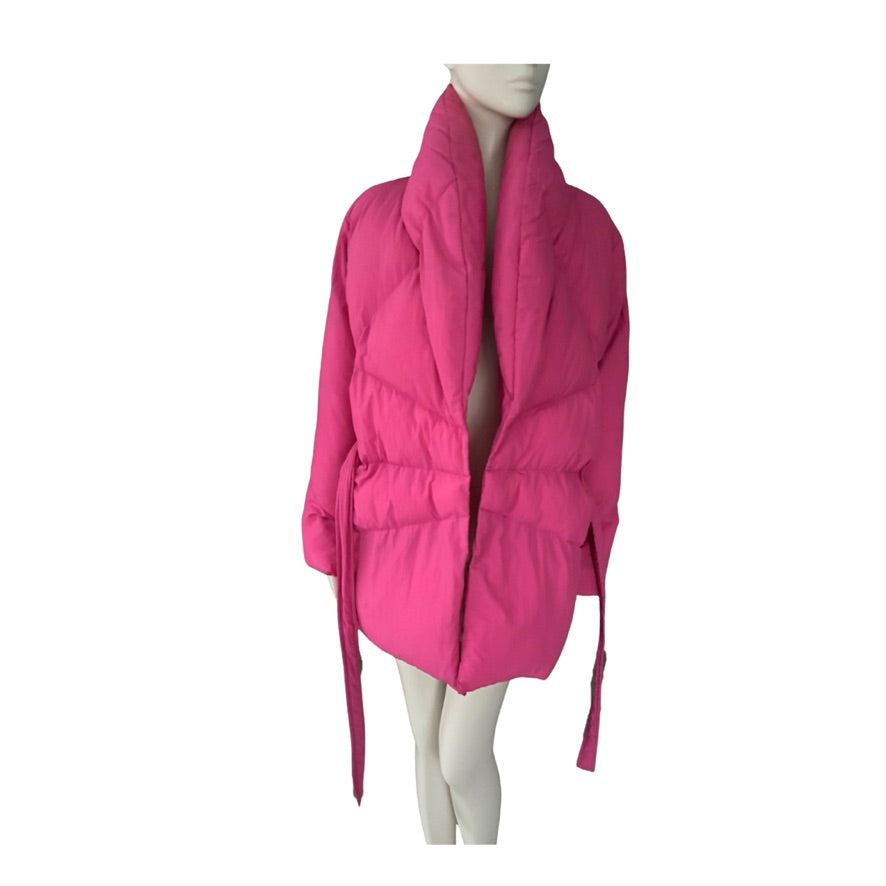 Pink puffer coat on a mannequin against a white background