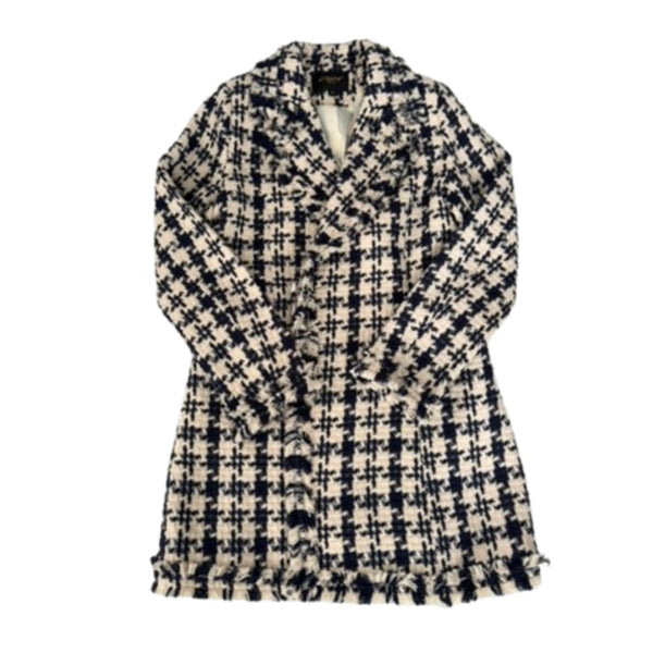 Plaid jacket with a visible brand label on a white background